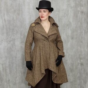 Caribbean Queen Womens L Brown Tweed Wool Coat Coat Pirate‎ Victorian Cosplay